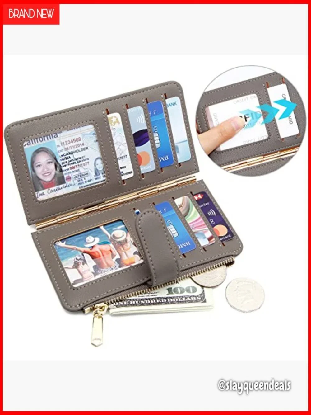 Slim RFID Bifold Card Holder with Zipper Pocket & ID Windows